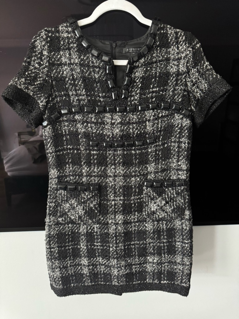 Black & White Tweed Mini Dress with Embellished Trim